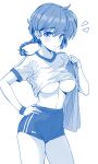  1girl blue_theme blush braid braided_ponytail breasts buruma commentary_request gym_uniform hair_between_eyes hand_on_own_hip highres large_breasts looking_at_viewer monochrome ossou_rocket ranma-chan ranma_1/2 short_hair short_sleeves simple_background solo underboob white_background 