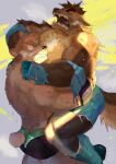  anthro bear bear_hug blue_water_dog_(madnis) bodily_fluids canid canine canis clothing duo fight male mammal merfiller muscular muscular_male pain sweat torn_clothing wolf wrestler wrestling 