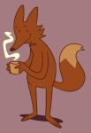  2023 adventure_time anthro beverage biped brown_background brown_body brown_fur brown_tail canid canine cartoon_network coffee coffee_cup container cup dipstick_tail fox full-length_portrait fur holding_coffee_cup holding_container holding_cup holding_object male mammal markings mr._fox_(adventure_time) portrait simple_background smile solo squishy_(artist) standing tail tail_markings 
