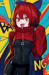  1girl @_@ absurdres akatsuki_records black_bodysuit blastoisenn bodysuit breasts commentary contrapposto covered_navel cropped_jacket fang highres jacket open_mouth red_eyes red_hair red_jacket rock_&#039;n&#039;_rock_&#039;n&#039;_beat sekibanki skin_fang skin_tight sleeves_past_wrists small_breasts smile solo symbol-only_commentary touhou v-shaped_eyebrows 