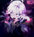  1girl :d ahoge blue_nails breasts briar_(league_of_legends) colored_sclera colored_skin fingernails fuiyu_(feuille0818) grey_hair hair_between_eyes highres indoors league_of_legends light_blush lightning long_hair looking_at_viewer medium_breasts multicolored_hair nail_polish pink_hair red_sclera shadow sharp_fingernails sharp_teeth sidelocks smile solo streaked_hair teeth tongue tongue_out two-tone_hair upper_body vampire wrist_cuffs 