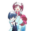  1boy 1girl blue_eyes blue_hair blue_jacket blue_vest carrying closed_eyes commentary_request employee_(lobotomy_corporation) happy jacket lobotomy_corporation long_sleeves medu_(rubish) neck_ribbon necktie open_clothes open_jacket open_mouth piggyback pink_hair pink_ribbon pink_shirt pink_skirt pleated_skirt project_moon red_armband ribbon shirt short_hair short_twintails simple_background sketch skirt smile socks twintails vest white_background white_necktie white_shirt white_socks 