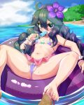  1girl @_@ afloat alternate_costume annoyed bikini black_hair day flat_chest flower food hair_flower hair_ornament hex_maniac_(pokemon) highres holding holding_food holding_popsicle long_hair looking_at_viewer lying micro_bikini microskirt mud_(artist) navel on_back on_innertube outdoors pink_skirt pokemon popsicle purple_bikini purple_eyes purple_flower purple_hair purple_innertube sandals skirt solo spread_legs swimsuit water 