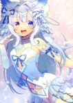  1girl :d ahoge animal_ear_fluff animal_ears bare_shoulders blue_eyes blue_hair clothing_cutout commentary_request crescent elbow_gloves fangs gloves grey_eyes hair_intakes hand_up heart heart-shaped_pupils heterochromia indie_virtual_youtuber kou_hiyoyo leotard long_hair mikazuki_silvi navel navel_cutout see-through short_eyebrows single_glove smile solo symbol-shaped_pupils teeth thick_eyebrows upper_teeth_only very_long_hair virtual_youtuber white_gloves white_leotard 