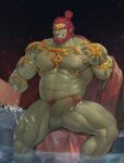  1boy abs absurdres armband bara beard biceps chest_harness colored_skin cum facial_hair feet_out_of_frame ganondorf gem glensaru green_skin harness highres huge_penis large_pectorals long_hair male_focus manly mature_male muscular muscular_male nipple_piercing nipple_rings nipples pectorals penis penis_piercing piercing pool pubic_hair red_hair sitting smile testicles the_legend_of_zelda the_legend_of_zelda:_tears_of_the_kingdom thick_arms thick_eyebrows thick_thighs thighs towel veins water yellow_eyes 