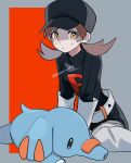  1girl :&lt; alternate_costume belt black_dress black_headwear blush_stickers boots brown_hair closed_mouth commentary_request dress eyelashes gloves hat logo long_hair looking_at_viewer lyra_(pokemon) momotose_(hzuu_xh4) orange_eyes phanpy pokemon pokemon_(creature) pokemon_(game) pokemon_hgss sitting team_rocket team_rocket_uniform thigh_boots twintails twitter_username watermark 