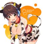  1girl animal_ears animal_print bare_shoulders bell belt belt_collar bottle breasts brown_eyes brown_hair cleavage collar collarbone cow_ears cow_girl cow_horns cow_print cow_tail crop_top detached_sleeves dot_nose fake_animal_ears fake_horns fake_tail fuji_fujino headset horns idolmaster idolmaster_cinderella_girls idolmaster_cinderella_girls_starlight_stage large_breasts layered_skirt leaning_forward long_sleeves milk_bottle miniskirt neck_bell o-ring o-ring_belt oikawa_shizuku open_mouth orange_background polka_dot polka_dot_background red_belt short_hair signature skirt smile solo tail 