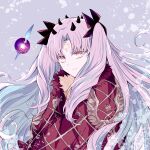  1girl black_horns black_ribbon blue_hair cloak closed_mouth colored_inner_hair crescent crescent_facial_mark facial_mark fate/grand_order fate_(series) forehead_mark fur-trimmed_cloak fur_trim grey_background hair_ribbon highres horns ishtar_(fate) light_purple_hair light_smile long_hair looking_at_viewer multicolored_hair multiple_horns parted_bangs red_cloak red_ribbon ribbon sodamachi solo space_ishtar_(fate) space_ishtar_(third_ascension)_(fate) star-shaped_pupils star_(symbol) symbol-shaped_pupils two-tone_hair two-tone_ribbon two_side_up upper_body yellow_eyes 