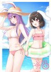  2girls :d absurdres alternate_costume animal_ears arm_up beach bikini black_hair border breasts carrot_necklace cleavage commentary_request cowboy_shot day dot_nose ears_through_headwear feet_out_of_frame flat_chest floppy_ears hand_on_headwear hat highres horizon inaba_tewi innertube jewelry knees_together_feet_apart large_breasts long_hair looking_at_another looking_at_viewer looking_to_the_side midriff multiple_girls navel necklace open_mouth outdoors outside_border petite purple_hair rabbit_ears red_eyes reisen_udongein_inaba short_hair side-tie_bikini_bottom smile string_bikini swimsuit touhou very_long_hair white_border yada_(xxxadaman) 