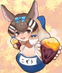  1girl animal_ears brown_eyes brown_hair chipmunk_ears chipmunk_girl extra_ears food highres kemono_friends kemono_friends_v_project leaf lepus looking_at_viewer maple_leaf multicolored_hair ribbon school_swimsuit short_hair siberian_chipmunk_(kemono_friends) simple_background solo sweet_potato swimsuit two-tone_hair virtual_youtuber white_hair 