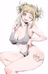  1girl artist_name bare_shoulders blonde_hair blunt_bangs body_writing boku_no_hero_academia breasts collarbone commentary covered_nipples double_bun english_commentary grey_sports_bra hair_bun hand_up invisible_chair large_breasts looking_at_viewer messy_hair one_eye_closed relaxjon simple_background sitting solo sports_bra teeth thighs toga_himiko tongue upper_teeth_only v white_background yellow_eyes 