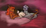  aftercare bed bowl_cut butt cuddling demon dragon edith_(serth) elf entwined_tails female furniture girly hair hand_holding hi_res humanoid male multiple_partners nipples orange_hair purple_hair seltzer_(serth) serth simple_background tail tail_coil 