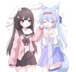  2girls :3 animal_ear_fluff animal_ears bare_shoulders black_skirt blue_hair blue_nightgown blush brown_eyes brown_hair cheek_pinching closed_eyes closed_mouth cloud_hair_ornament commentary_request commission cowboy_shot dot_nose fake_animal_ears flower fox_ears fox_girl fox_tail hair_between_eyes hair_flower hair_ornament heart highres honyang jewelry long_bangs long_hair looking_at_another miniskirt multiple_girls neck_ribbon nightgown off_shoulder original own_hands_together pendant pinching pink_shirt rabbit_ears rainbow_hairband raised_eyebrows ribbon shirt sidelocks simple_background skirt sleeves_past_fingers sleeves_past_wrists sparkle tail thigh_strap translation_request variant_set white_background white_shirt 