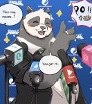  2023 7oy7iger anthro bear black_body black_fur black_nose blush claws clothed clothing cross-popping_vein dialogue digit_ring dreamworks english_text eyes_closed finger_claws finger_ring fingers fur giant_panda hi_res interview jewelry kung_fu_panda male mammal master_po_ping master_tigress microphone multicolored_body multicolored_fur offscreen_character open_mouth open_smile press_conference ring smile solo speech_bubble suit text two_tone_body two_tone_fur wedding_ring white_body white_fur yelling 