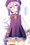  1girl aged_down atlas_academy_school_uniform fate/grand_order fate_(series) hands_on_own_hips hat highres long_hair long_sleeves ponytail purple_eyes purple_hair saitoh_michiru school_uniform sion_eltnam_sokaris solo tagme translation_request 