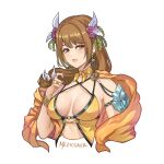  1girl artist_name bare_shoulders bracelet breasts brown_eyes brown_hair cape choker commentary criss-cross_halter cropped_torso earrings fire_emblem fire_emblem_engage flower goldmary_(fire_emblem) hair_flower hair_ornament hair_ribbon halterneck hand_up jewelry large_breasts long_hair meziosaur orange_cape purple_flower ribbon signature simple_background solo upper_body white_background white_ribbon yellow_choker 