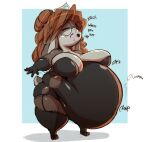  anthro belly big_belly big_breasts breasts breath brown_hair crown eyes_closed eyewear female fur garuda_six glasses grey_body grey_fur hair headgear hi_res huge_thighs inflation lagomorph leporid mammal may_(garuda_six) open_mouth panting rabbit shadow solo sound_effects standing teeth text thick_thighs tiara 