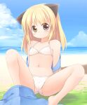  1girl animal_ears bangs bikini blonde_hair blue_eyes blue_skirt blue_sky blush cameltoe cat_ears closed_mouth cloud commentary_request emurin flat_chest frown full_body grass heterochromia horizon long_hair looking_at_viewer navel ocean original outdoors skirt skirt_removed sky solo spread_legs swimsuit undressing white_bikini yellow_eyes 