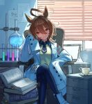  1girl agnes_tachyon_(umamusume) ahoge black_necktie black_pantyhose black_shirt book brown_hair chemical_structure collared_shirt cork crossed_legs cup earrings empty_eyes flask hair_between_eyes highres horse_girl jewelry lab_coat looking_at_viewer messy_hair necktie pantyhose red_eyes round-bottom_flask saucer shirt short_hair single_earring sitting sleeves_past_fingers sleeves_past_wrists smile solo sweater sweater_vest teacup test_tube tokiwa_png umamusume white_footwear yellow_sweater 