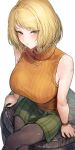  1girl absurdres ashley_graham black_pantyhose blonde_hair blush breasts crossed_legs highres large_breasts marse_(rokudaime) orange_sweater pantyhose resident_evil resident_evil_4 resident_evil_4_(remake) ribbed_sweater sleeveless sleeveless_sweater solo sweatdrop sweater 