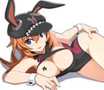  1girl animal_ears blue_eyes breasts charlotte_e._yeager cleavage hat large_breasts leotard long_hair looking_at_viewer lying nanashino on_side open_mouth orange_hair rabbit_ears rabbit_tail simple_background smile strike_witches tail white_background world_witches_series 