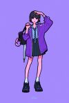  1girl absurdres bangs black_bag black_footwear black_hair black_skirt blue_shirt bright_pupils collared_shirt highres jacket long_sleeves looking_at_viewer original pleated_skirt purple_background purple_eyes purple_jacket purple_theme shadow shirt shirt_tucked_in shoes short_hair simple_background skirt socks solo white_pupils white_socks yoshi_mi_yoshi 