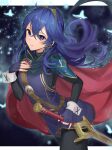  1girl armor belt black_sweater blue_cape blue_eyes blue_gloves blue_hair blush brown_belt cape closed_mouth commentary falchion_(fire_emblem) fingerless_gloves fire_emblem fire_emblem_awakening floating_hair gloves hair_between_eyes haru_(nakajou-28) highres holding holding_sword holding_weapon long_hair looking_at_viewer lucina_(fire_emblem) pauldrons red_cape ribbed_sweater shoulder_armor solo sweater sword symbol-only_commentary tiara turtleneck turtleneck_sweater two-tone_cape weapon 