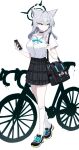  1girl absurdres ahoge alternate_costume animal_ear_fluff animal_ears bag bicycle black_choker black_skirt blue_archive blue_bow blue_bowtie blue_eyes bow bowtie broken_halo cellphone choker collared_shirt commentary_request cross_hair_ornament extra_ears full_body grey_hair hair_between_eyes hair_ornament halo highres holding holding_phone kneehighs long_hair mismatched_pupils phone plaid plaid_skirt pleated_skirt school_bag school_uniform shiroko_(blue_archive) shiroko_(terror)_(blue_archive) shirt shoes short_sleeves shoulder_bag sidelocks simple_background skirt smartphone sneakers socks solo walking white_background white_shirt white_socks wolf_ears wolf_girl yanggaengwang 