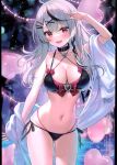  1girl absurdres ass_visible_through_thighs ayamy bikini black_hair breasts choker cleavage collarbone fang hair_ornament highres hololive long_hair looking_at_viewer medium_breasts multicolored_hair navel off_shoulder open_mouth sakamata_chloe scan simple_background skin_fang smile solo stomach swimsuit thighs virtual_youtuber white_hair x_hair_ornament 