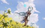  1girl ahoge bell blue_hair blue_sky bodystocking closed_mouth cloud commentary_request detached_sleeves feet_out_of_frame field flower flower_field ganyu_(genshin_impact) genshin_impact goat_horns highres horns long_hair neck_bell outdoors petals purple_eyes sky solo very_long_hair white_sleeves zakkuri 