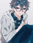  1boy bandaged_fingers bandages black-framed_eyewear brown_hair buttons collared_shirt cup drinking_straw ensemble_stars! glasses grey_jacket hair_between_eyes highres holding holding_cup hood hood_down hooded_jacket jacket long_sleeves looking_at_viewer male_focus morisawa_chiaki open_clothes open_collar open_jacket open_mouth red_eyes sanichi shirt short_hair simple_background sitting solo 