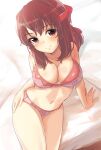  1022_deadly 1girl bed bra breasts brown_eyes brown_hair cleavage commentary_request error girls_und_panzer headband kondou_taeko large_breasts looking_at_viewer navel panties pillow pink_bra pink_panties red_headband short_hair sitting smile solo thighs underwear underwear_only 