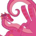  1:1 2023 anthro artist_name blush claws colored curled_tail digital_drawing_(artwork) digital_media_(artwork) dragon ears_down earwiggy english_text facial_horn feet feet_up fingers hi_res horn jambu_(wof) looking_at_another looking_pleasured lying male nose_horn on_back one_eye_closed open_mouth pink_body pink_scales pivoted_ears rainwing_(wof) scales scalie signature simple_background solo solo_focus solo_focused tail text tongue tongue_out white_background wings wings_of_fire wink 