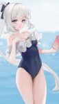  1girl :o absurdres blue_archive blue_one-piece_swimsuit blurry blurry_background blush bow breasts casual_one-piece_swimsuit collarbone covered_navel frilled_one-piece_swimsuit frills hair_bow hand_on_own_chest highres holding holding_phone long_hair looking_at_viewer medium_breasts miyako_(blue_archive) miyako_(swimsuit)_(blue_archive) ocean off-shoulder_one-piece_swimsuit off_shoulder official_alternate_costume one-piece_swimsuit phone ponytail purple_eyes sidelocks solo swimsuit thighs very_long_hair wet white_hair zhudouzi 