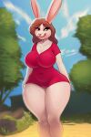  2023 anthro big_breasts breasts clothed clothing digital_media_(artwork) female fur hair hi_res lagomorph leporid long_ears looking_at_viewer mammal plant rabbit red_clothing sjevi smile solo thick_thighs topwear tree white_body white_fur wide_hips 