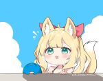  1girl :3 ahoge animal_ear_fluff animal_ears artist_name bikini bird blonde_hair blue_bird blush bow chibi cloud colored_inner_hair commentary_request fang fingernails fox_ears fox_girl fox_tail fuwafuwa-chan_(kamiyoshi_rika) green_eyes kamiyoshi_rika long_hair looking_up multicolored_hair open_mouth original ponytail red_bow sky smile solo swimsuit tail 