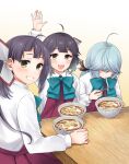  3girls aqua_hair bow bowl bowtie brown_eyes chopsticks dress eating food fujinami_(kancolle) gradient_background grin hair_over_eyes hair_ribbon hamanami_(kancolle) hayanami_(kancolle) highres holding holding_chopsticks kantai_collection long_hair long_sleeves looking_at_viewer multicolored_hair multiple_girls noodles open_mouth purple_dress purple_hair ribbon saburou_03 shirt side_ponytail simple_background smile upper_body waving white_shirt 