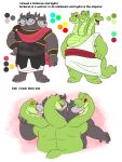  3_heads anthro belly canid canine canis cerberus clothing domestic_dog duo english_text european_mythology fur greek_mythology green_body green_scales grey_body grey_fur hi_res hydra kissing leonthelionel male male/male mammal multi_head musclegut mythology orange_eyes pecs red_eyes scales scalie text toga yellow_eyes 