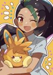  1girl ;d anidler91 black_hair brown_eyes collared_shirt dark-skinned_female dark_skin eyelashes green_hair highres holding holding_pokemon looking_at_viewer multicolored_hair naranja_academy_school_uniform nemona_(pokemon) one_eye_closed open_mouth pawmot pokemon pokemon_(creature) pokemon_(game) pokemon_sv school_uniform shirt smile two-tone_hair upper_body white_shirt yellow_background 