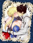  1boy 1girl artoria_pendragon_(fate) artoria_pendragon_(lancer)_(fate) black_hair blonde_hair blush breasts cape chaldea_uniform couple fate/grand_order fate_(series) fujimaru_ritsuka_(male) highres hug kiss large_breasts leotard lips momohara_rile short_hair 