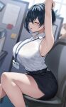 arm_up black_hair black_skirt breasts chair closed_eyes highres large_breasts office_chair office_lady open_mouth original shirt short_hair sitting skirt sleeveless sleeveless_shirt stretching swivel_chair thighs white_shirt xe_(execut3r) 