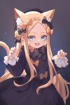  1girl abigail_williams_(fate) animal_ears black_bow black_dress blonde_hair blue_eyes bow breasts cat_ears cat_tail dress english_commentary fate/grand_order fate_(series) forehead highres long_hair long_sleeves looking_at_viewer miya_(miyaruta) open_mouth orange_bow parted_bangs small_breasts smile solo tail 