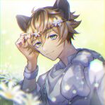  1boy animal_ears blonde_hair blue_eyes bracelet brown_hair flower flower_wreath grey_scarf head_wreath jewelry long_sleeves looking_at_viewer male_focus multicolored_hair ruggie_bucchi scarf short_hair smile solo touchika twisted_wonderland upper_body white_flower 