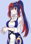  alear_(female)_(divine_attire)_(fire_emblem) alear_(female)_(fire_emblem) alear_(fire_emblem) blue_eyes blue_hair closed_mouth dress fire_emblem fire_emblem_engage heterochromia highres long_hair multicolored_hair official_alternate_costume official_alternate_hairstyle ponytail red_eyes red_hair ribbon simple_background smile split-color_hair tiara two-tone_hair white_ribbon zero-theme 
