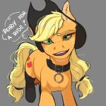  2023 accessory applejack_(mlp) blonde_hair blonde_mane clothing collar cowboy_hat cutie_mark deathlythorns digital_media_(artwork) earth_pony equid equine female feral freckles friendship_is_magic fur furgonomics green_eyes grey_background hair hair_accessory hasbro hat headgear headwear hi_res horse legwear mammal mane my_little_pony nipples orange_body orange_fur pony simple_background solo stockings tail tail_accessory teats yellow_tail 