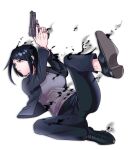  1girl ajin_(sakurai_gamon) black_hair breasts full_body gun handgun holding holding_gun holding_weapon mole mole_under_eye open_mouth r.n shimomura_izumi short_hair simple_background solo weapon white_background 