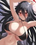  1girl absurdres armpits arms_up bikini black_bikini black_choker black_hair black_wings blue_archive blush breasts choker collarbone halo hasumi_(blue_archive) highres kai_yuzuki large_breasts long_hair looking_at_viewer lying mole mole_under_eye navel on_back parted_lips red_eyes solo stomach strap_gap swimsuit upper_body variant_set very_long_hair wings 
