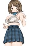  1girl armpits blue_bow blue_bowtie bow bowtie bra breasts brown_eyes brown_hair bursting_breasts cleavage cowboy_shot flower gatsby_ssl hair_flower hair_ornament high-waist_skirt highres idolmaster idolmaster_cinderella_girls lace lace_bra large_breasts midriff mimura_kanako muffin_top no_shirt parted_lips plaid plaid_skirt pleated_skirt plump short_hair skindentation skirt solo thighs undersized_clothes underwear white_bra 