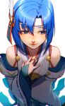  1girl aduti_momoyama bare_shoulders blue_eyes blue_hair bob_cut catria_(fire_emblem) catria_(winds_offered)_(fire_emblem) feather_hair_ornament feathers fire_emblem fire_emblem:_mystery_of_the_emblem fire_emblem_heroes from_above hair_ornament hand_on_own_chest headband highres japanese_clothes lips looking_to_the_side official_art short_hair solo 