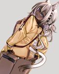  1girl animal_ears arknights blue_eyes blush cowboy_shot dark-skinned_female dark_skin dutch_angle from_behind grey_background highres horse_ears horse_girl horse_tail jacket kochiya_(gothope) long_hair long_sleeves looking_at_viewer looking_back no_pants parted_lips simple_background skindentation smile solo tail thigh_gap thigh_strap tuye_(arknights) white_hair yellow_jacket 
